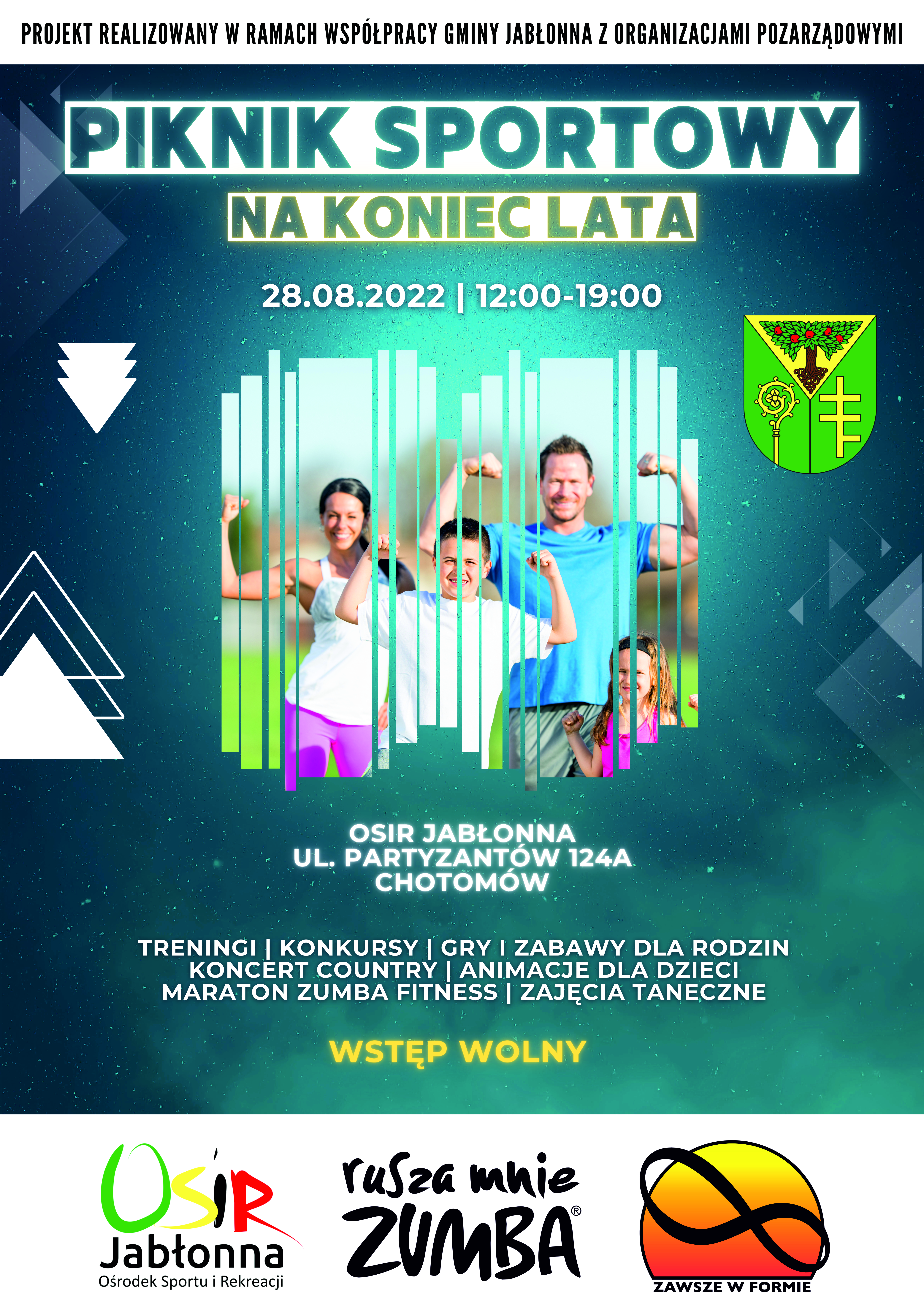 Piknik sportowy na koniec lata - 28.08.2022 12.00-19.00, OSiR Jabłonna, Partyzantów 124A, Chotomów, wstęp wolny. Projekt realizowany w ramach współpracy Gminy Jabłonna z organizacjami pozarządowymi.